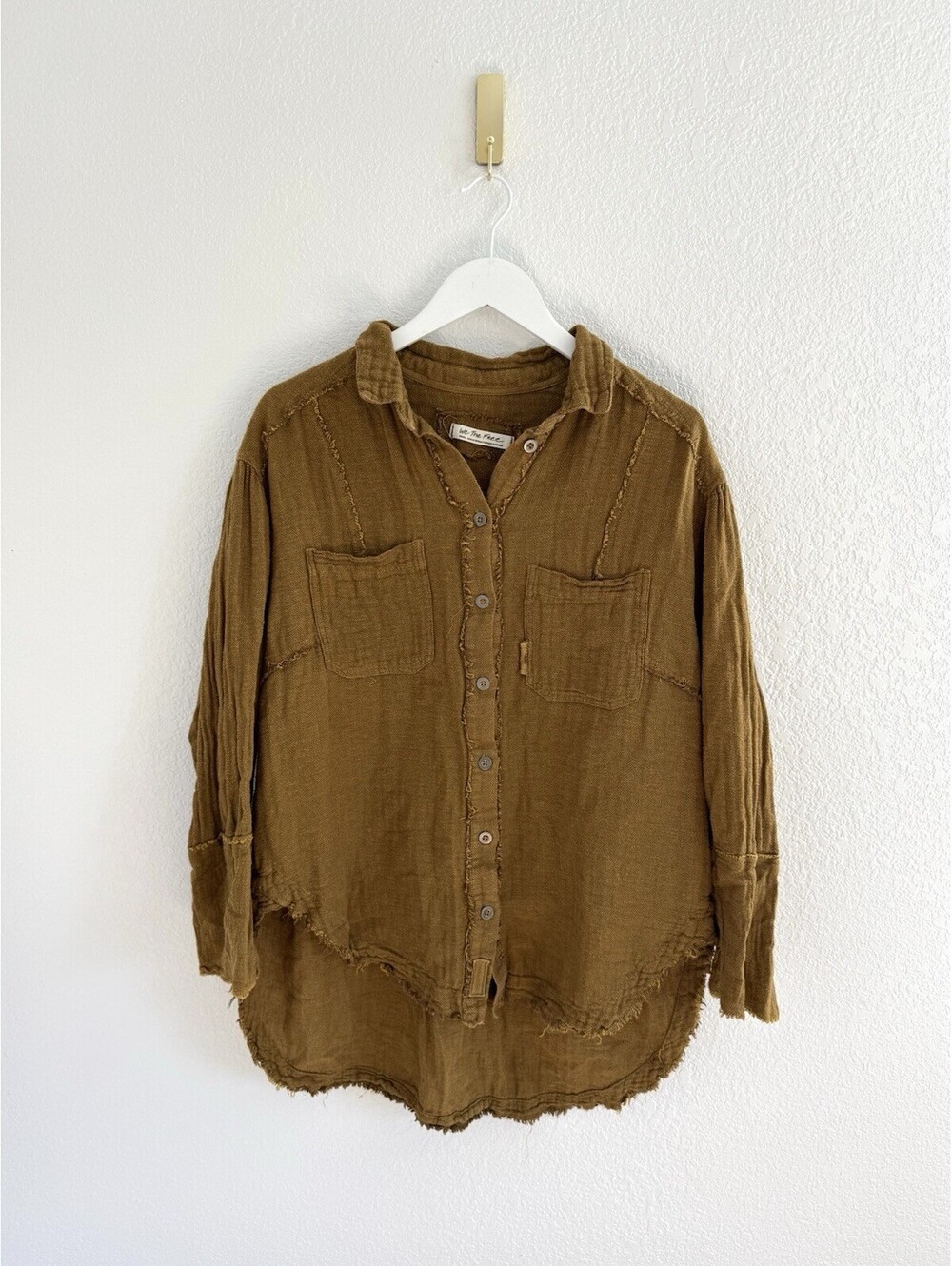 Free People We The Free Fringe Distressed Mustard Brown Oversized Shirt Size Sm